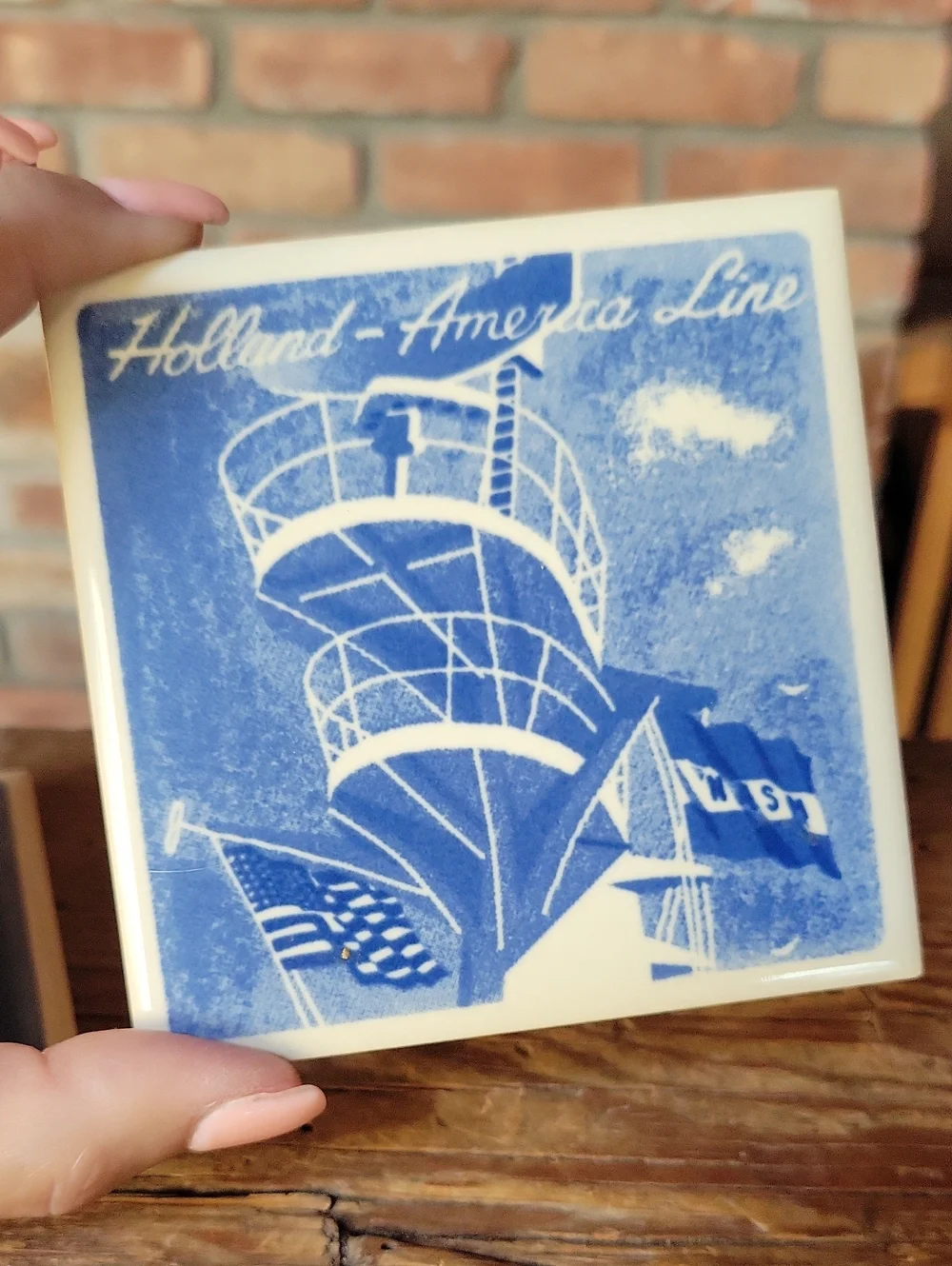 Vintage Holland-America Cruise Line Blue Nautical Ceramic Coasters, Set Of 2